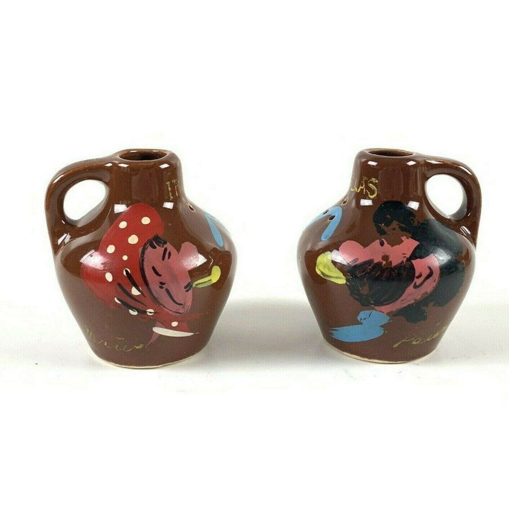 Vintage Water Jug Terra Cotta Salt And Pepper Shakers Hand Painted Japan 1950s
